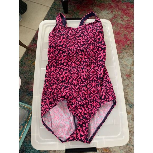 Women's Lands End Pink Navy Hobo Printed One Piece Bathing Swimsuit - Picture 9 of 10